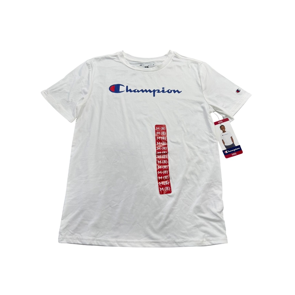 Champion Boys White Active Tee Shirt Short Sleeve Logo Size M 8 NEW